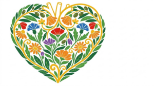 A flat folk-art vector illustration of a heart filled edge to edge with cornflowers, daisies and olive sprigs.