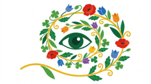 A flat folk-art vector illustration of a human eye ringed by a wide spiral of poppies, tulips and clover.