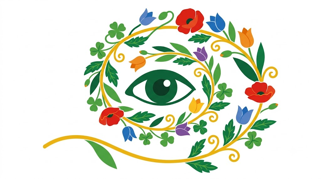 A flat folk-art vector illustration of a human eye ringed by a wide spiral of poppies, tulips and clover.