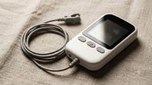 An overhead photograph of a small handheld nerve stimulator with an ear clip electrode and a loosely coiled cable resting on slubby linen cloth.
