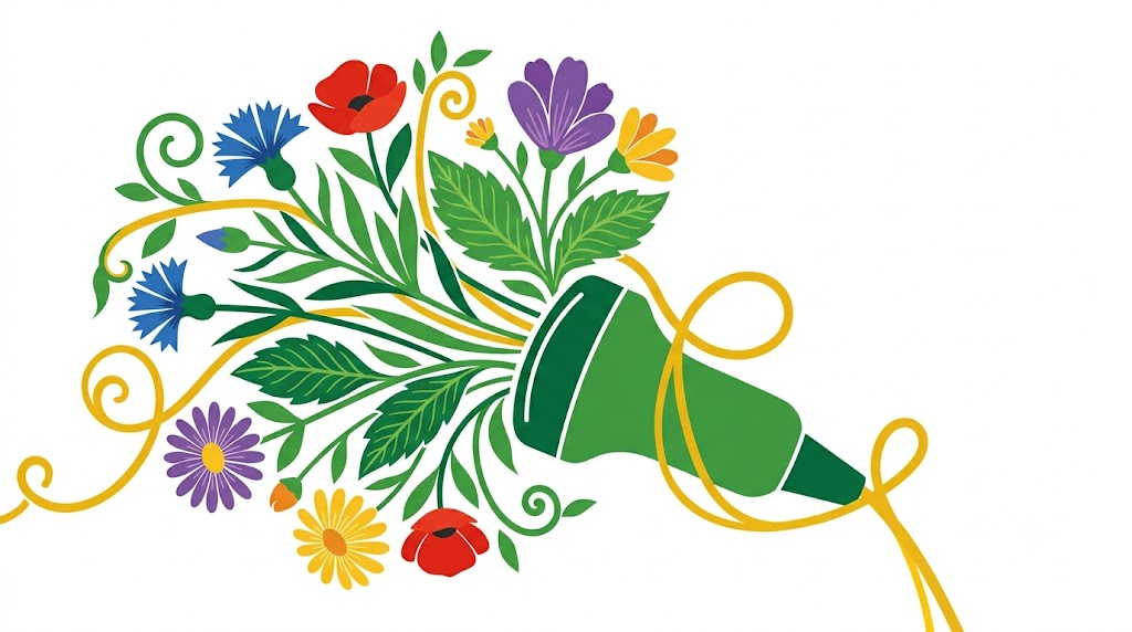 A flat vector folk-art illustration of an ultrasound probe with stylised flowers and leaves on a white background.