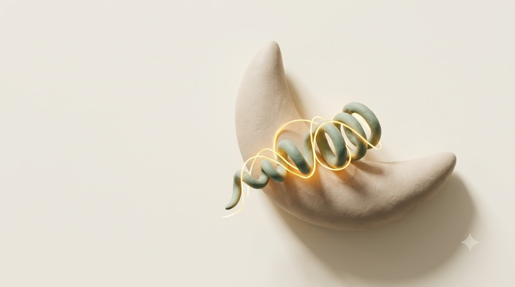 Overhead flat-lay of a soft matte clay crescent pillow form with a coiled tendril draped across it, wrapped by a single bright glowing golden thread, representing restful sleep and the vagus nerve