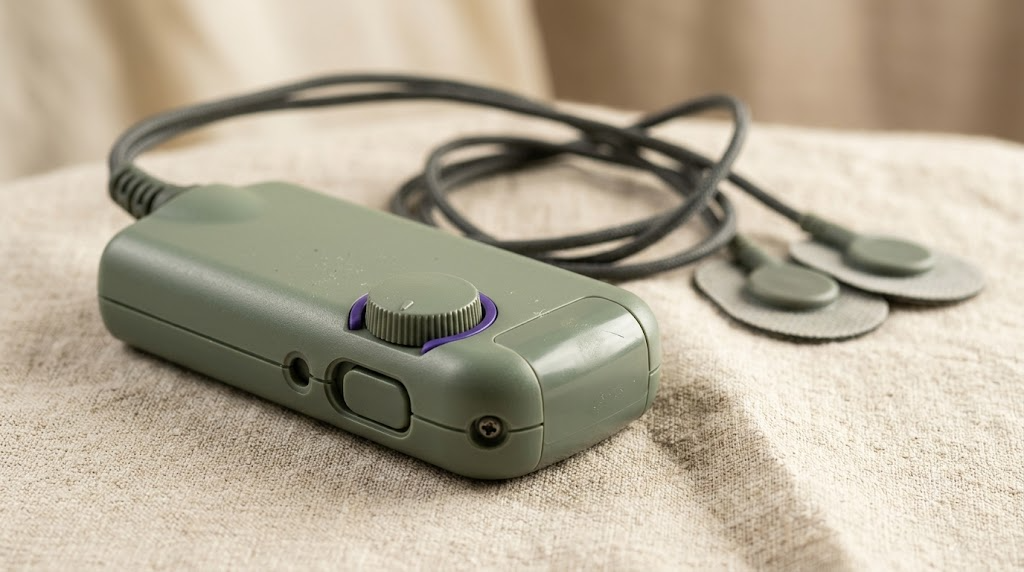 An unbranded handheld nerve stimulator with a control dial and two lead wires with flat pads, on slubby linen cloth.