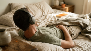 A person lying back on rumpled bed linen listening through over-ear headphones.