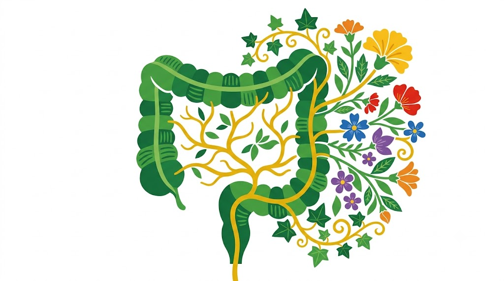 A flat folk-art vector illustration of a human large intestine among stylised flowers and curling vines on a white background.