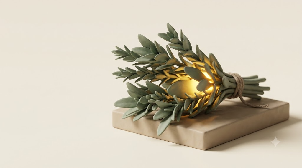 A sculpted matte clay bundle of fresh herbs, marked by one bright golden light element.