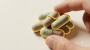 A small pile of sculpted matte clay supplement capsules with a bright golden seam running along a break in the form.