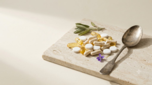 A small heap of omega-3, magnesium and probiotic capsules with a worn spoon beside them on a pale stone slab.