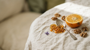 A close still life photograph of a small heap of loose amber vitamin capsules with a halved orange and walnut halves on crumpled pale linen.