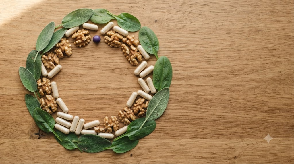 Overhead still life of plain vitamin capsules, shelled walnuts and fresh spinach leaves arranged in a loose ring on a plain oak board.