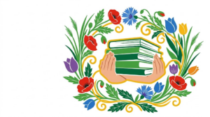 Flat vector folk-art illustration of a pair of hands holding a stack of books, surrounded by stylised blooms and foliage on a white background.