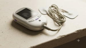 An overhead view of a small oval nerve stimulator with a short cable and two flat electrode pads on a pale stone shelf.