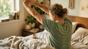 Seen over the shoulder on rumpled bedding, a person stretches both arms overhead in low morning sun.