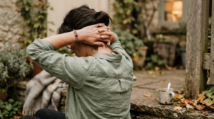 A person seated on a low step with hands clasped behind their head, easing their elbows back.