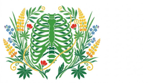 Flat vector illustration of a human ribcage surrounded by folk-art flowers and foliage.