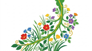 A flat folk-art vector illustration of the vagus nerve branching down from the brainstem, with stylised roses and grasses climbing around it.