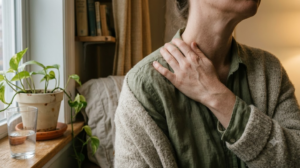 A hand kneading the soft muscle between neck and shoulder near a lamplit windowsill.
