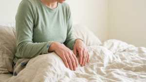 A close view of a pair of hands resting loosely on an unmade bed after a self massage, in bright diffuse daylight, no face in frame.