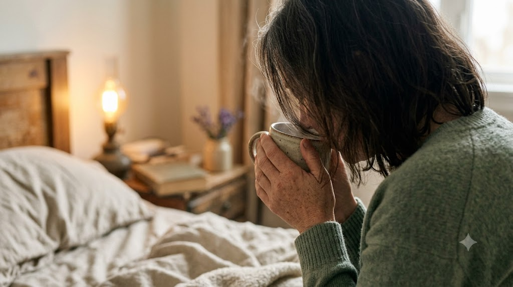A person cradles a mug of herbal tea in both hands and leans in to the steam, seated on a bed.