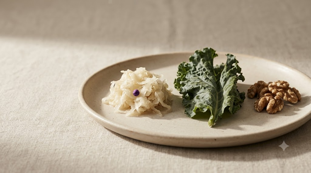 Sauerkraut, dark leafy kale and walnuts arranged in a row on an unglazed ceramic plate.