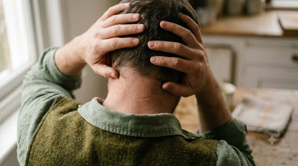 A person at a kitchen table cradling the base of their skull with both hands.