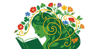 Flat vector folk-art illustration of a head and shoulders reading an open book, with wild roses, buttercups and clover leaves arching overhead on a white background.