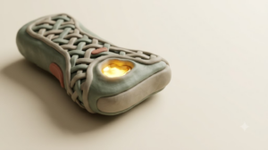 Clay handheld device woven from a sage and putty lattice with a terracotta accent, holding a shallow pool of molten golden light.