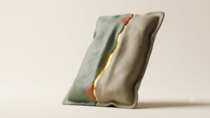 A sculpted matte clay ice pack, marked by one bright golden light element.