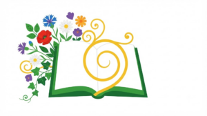 Flat vector illustration of an open book with a spray of stylised cornflowers, daisies and trailing ivy fanning out from one side.