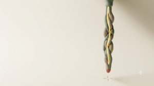 A soft matte clay render of a slender nerve cord hanging like a plumb line above a marked point, with a single bright golden light element.