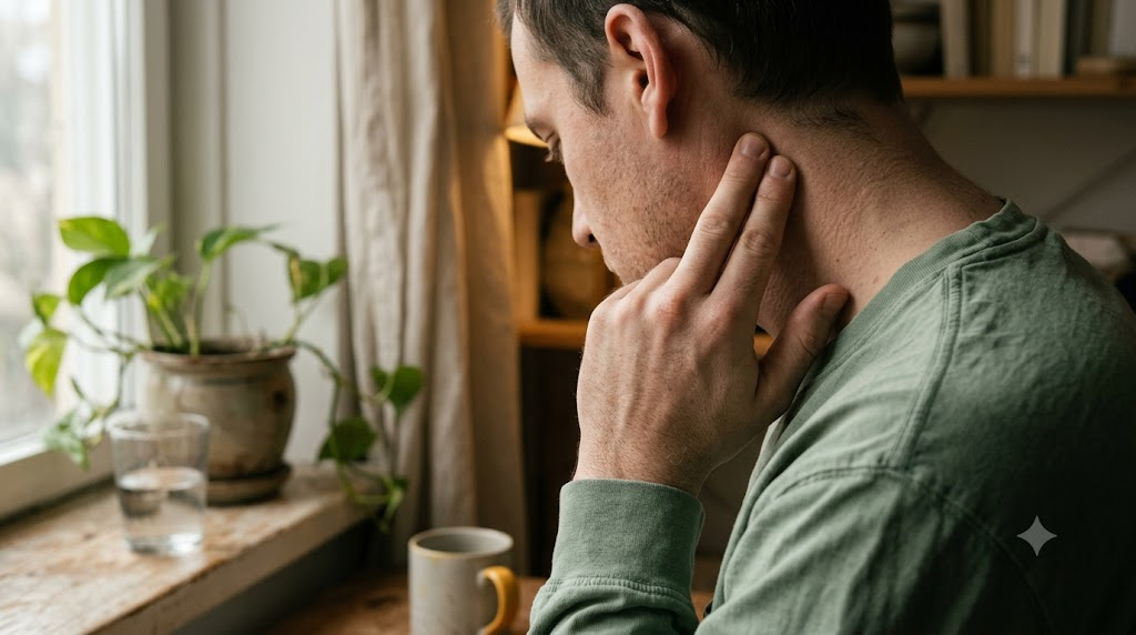 A person pressing two fingertips into the pressure point at the side of their own neck by a windowsill.
