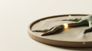 Clay membrane stretched over a circular putty frame with sage-green nerve strands across it and one glowing golden bead of light.