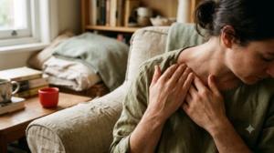 A close, warm photograph from just above of a person massaging along their own collarbone with their fingertips while settled in a deep armchair.
