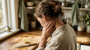 Seen from behind at a kitchen counter, a person massages the side of their neck with their fingertips in low morning sun.