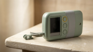 A small handheld nerve stimulator with an ear clip on a short cable, on a pale stone shelf.