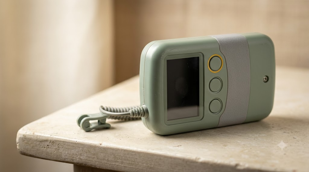 A small handheld nerve stimulator with an ear clip on a short cable, on a pale stone shelf.