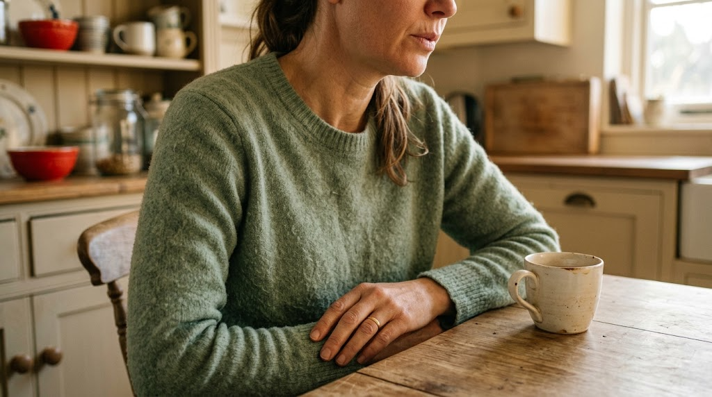 A person letting their shoulders drop with both hands loose in their lap in a warm room