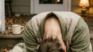 A person in a slow seated forward fold with their head lowered in a warm room