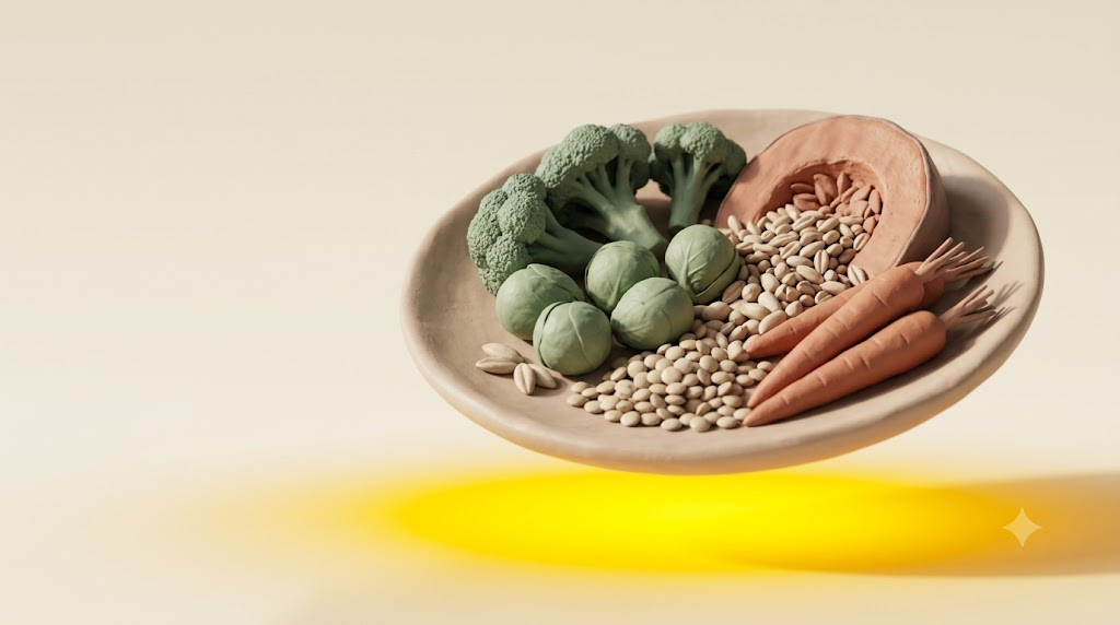 A sculpted matte clay plate of whole foods and vegetables, marked by one bright golden light element.