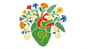 A flat vector illustration of a human heart with folk-art flowers arching over it on white.