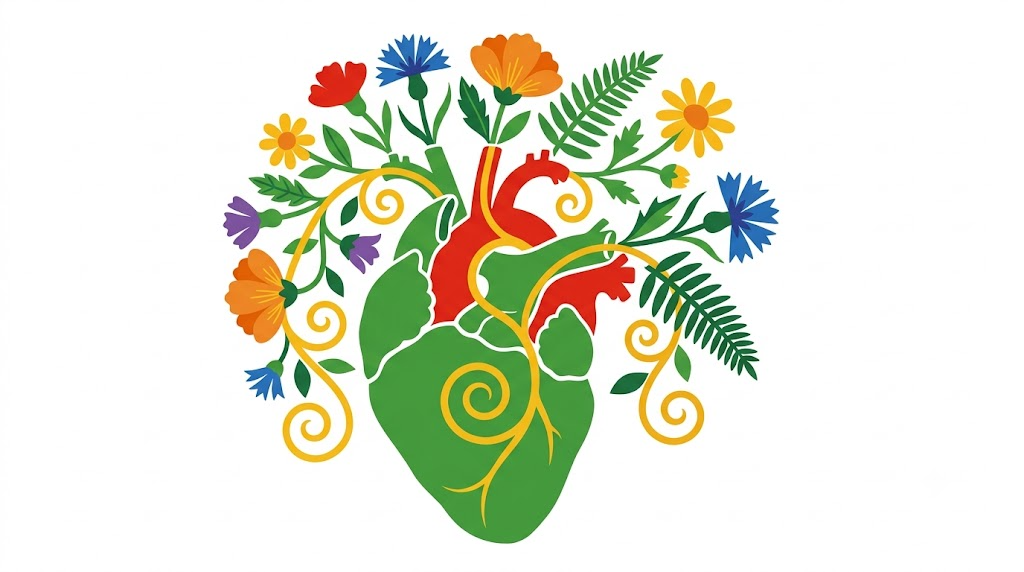 A flat vector illustration of a human heart with folk-art flowers arching over it on white.