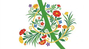 A flat folk-art vector illustration of a vagus nerve with marigolds and grasses spiralling around it.
