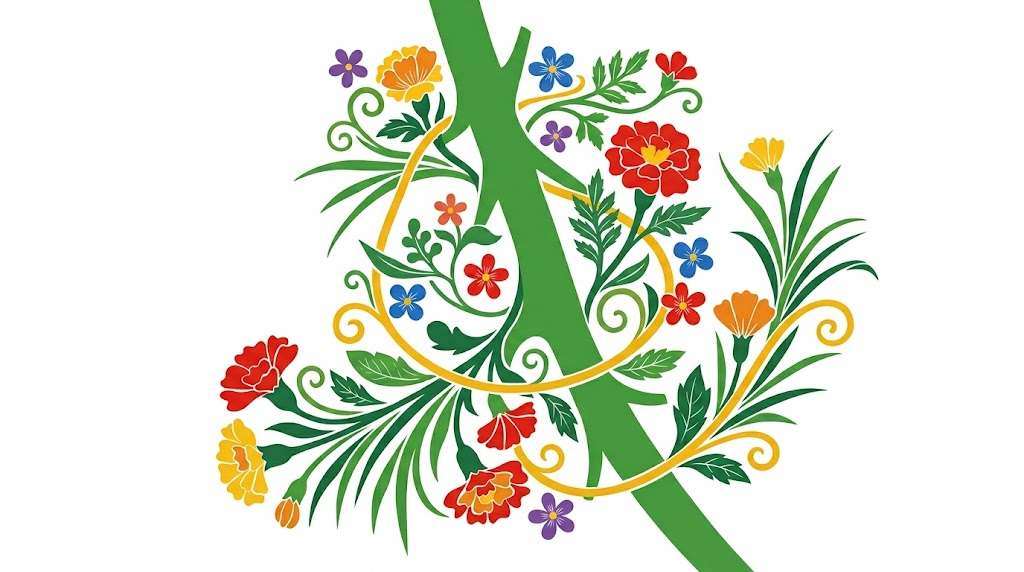 A flat folk-art vector illustration of a vagus nerve with marigolds and grasses spiralling around it.
