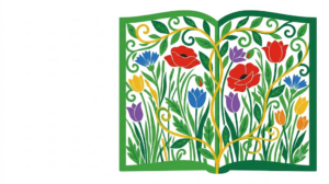 A flat folk-art vector illustration of an open book surrounded by a spiral of stylised flowers and vines on a white background.