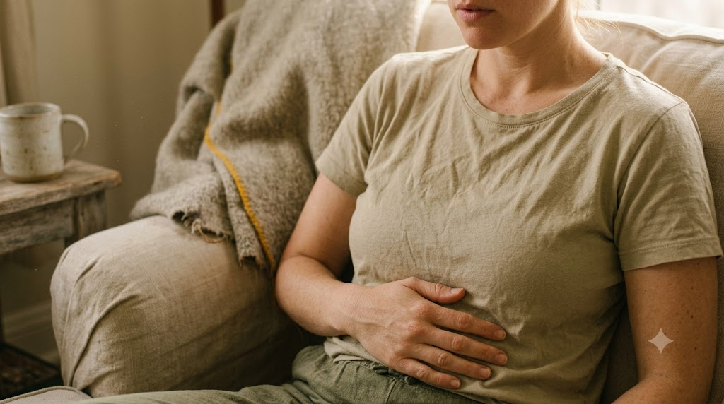 A person breathing out slowly with one hand on their ribs and one on their belly in a warm, lived-in room.
