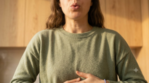 A person breathing out slowly through pursed lips with one hand on their ribs, photographed in soft natural light.