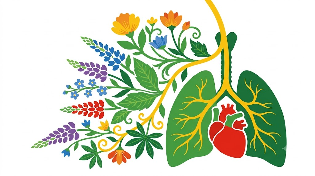 A flat folk-art vector illustration of the vagus nerve branching down towards the heart and lungs, framed by stylised flowers and vines on white.