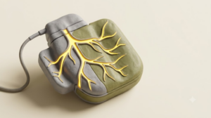 A sculpted matte clay implanted nerve stimulator with a lead wire, marked by one bright golden light element.