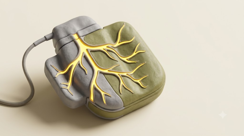 A sculpted matte clay implanted nerve stimulator with a lead wire, marked by one bright golden light element.