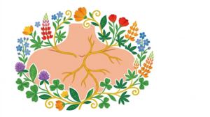 Flat vector illustration of a collarbone and upper chest surrounded by folk-art blooms and foliage.
